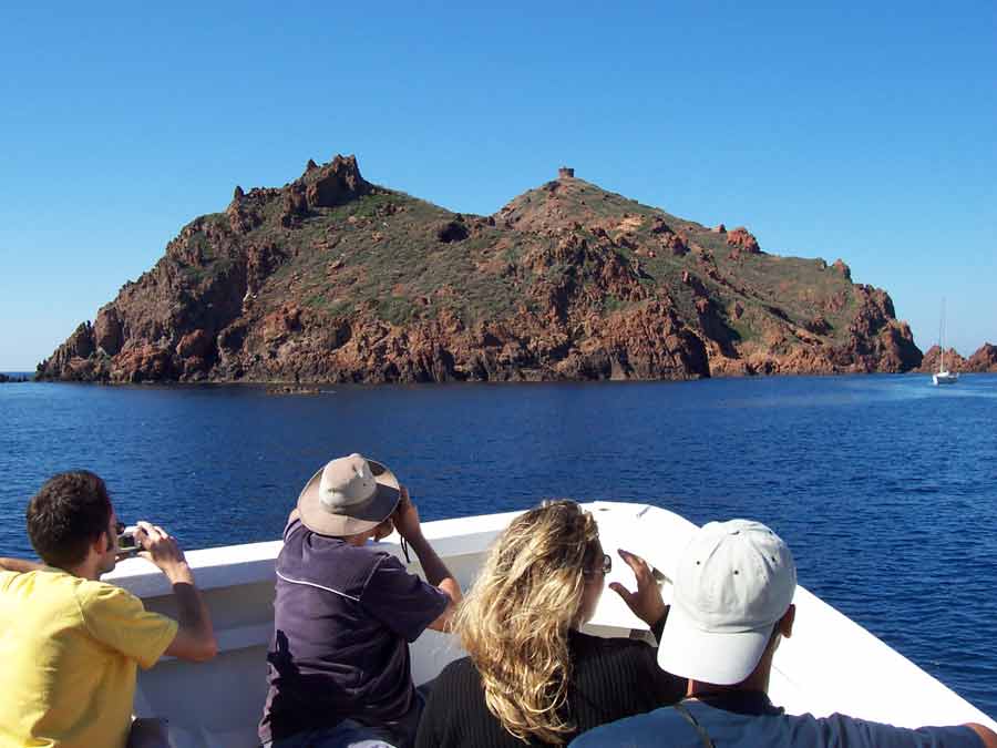 Touristes admirant les paysages côtiers de la réserve naturelle de Scandola en bateau, Corse-du-Sud