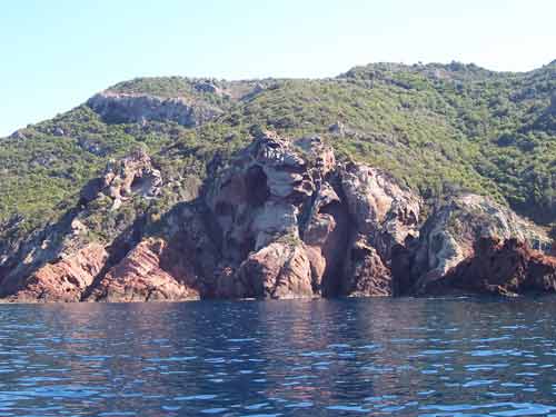 Falaises et végétation de Scandola, vue depuis la mer en Corse