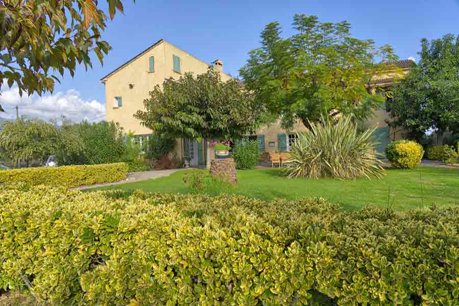 Auberge les Oliviers Jardin verdoyant et façade de l’auberge les Oliviers près de l’aéroport de Bastia en Corse