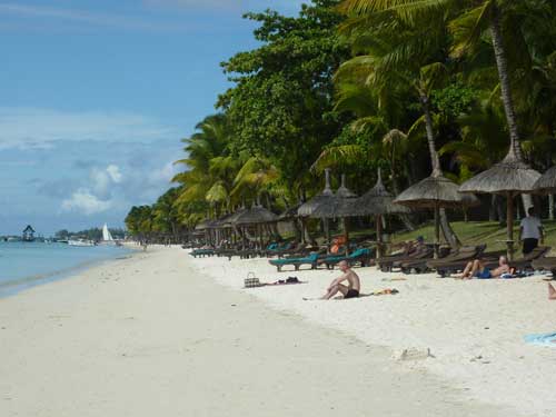 Plage de Trou-aux-Biches bordée de palmiers et de paillotes, idéale pour se détendre avant une session de snorkeling