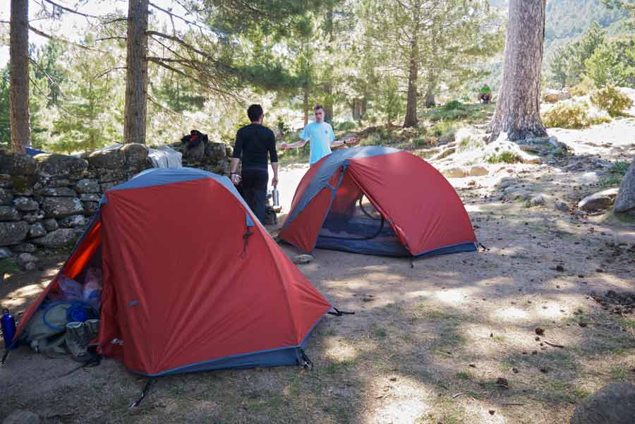 Tentes installées sous les pins au refuge de Paliri sur le GR20 sud, première nuit de randonnée en Corse