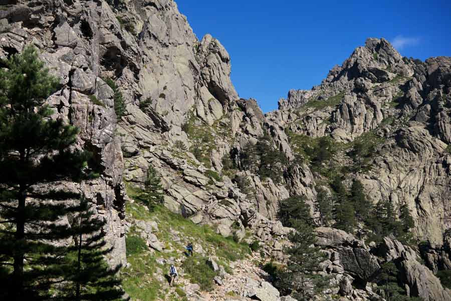 Randonneurs progressant sur le sentier alpin du GR20 vers les aiguilles de Bavella, dans les reliefs escarpés de Corse