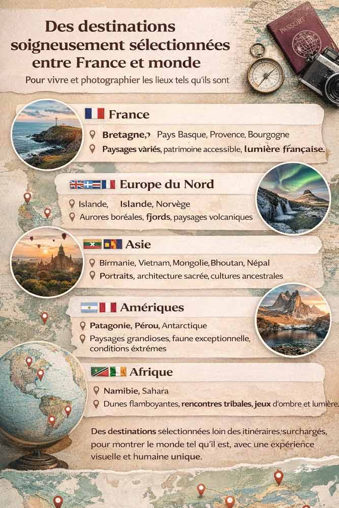 Infographie aguila voyage onestrip présentant les destinations photo soigneusement sélectionnées en France et dans le monde pour des voyages immersifs et authentiques
