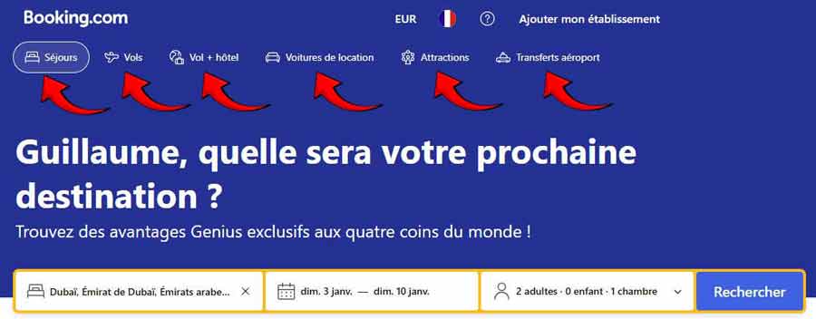 Interface Booking montrant les catégories Séjours, Vols, Vol + hôtel, Voitures de location, Attractions et Transferts aéroport, illustrant l’organisation d’un voyage tout-en-un