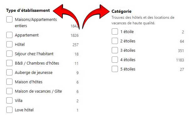 Filtres Booking.com affichant les types d’établissements et les catégories d’hôtels, permettant de choisir entre appartements, maisons d’hôtes, hôtels 1 à 5 étoiles et autres hébergements