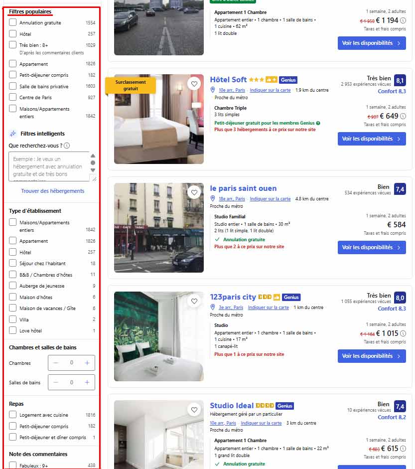 Résultats de recherche Booking avec filtres populaires à gauche et liste d’hébergements affichée, illustrant l’usage des filtres pour affiner une réservation