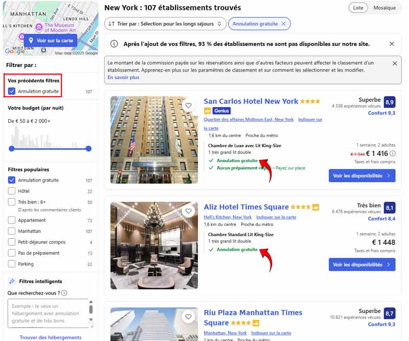 Résultats de recherche Booking.com à New York avec le filtre “Annulation gratuite” activé et les hébergements affichant l’option d’annulation flexible