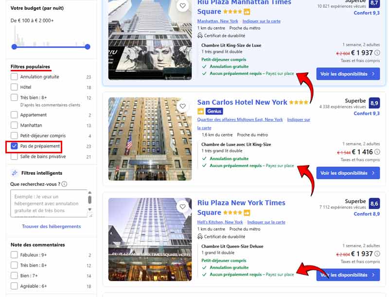 Résultats Booking avec le filtre “Pas de prépaiement” activé et affichage des offres proposant paiement sur place sans avance