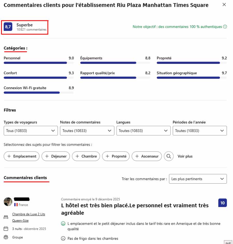 Page des avis vérifiés sur Booking.com affichant la note moyenne, les notes par catégories (propreté, confort, localisation) et les commentaires clients filtrables