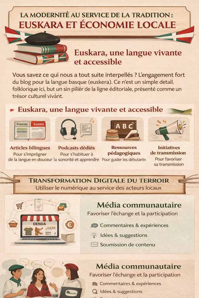 Infographie sur merkatu.fr illustrant la modernité au service de la tradition basque, entre euskara, économie locale et communauté