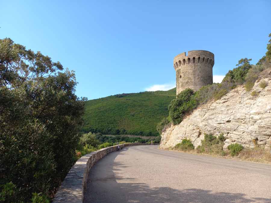 Route du Cap Corse longeant une falaise avec tour génoise sur les hauteurs lors d'un road trip corse