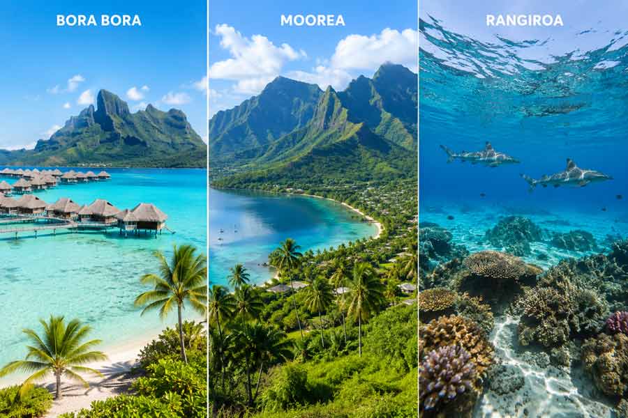 Triptyque Bora Bora, Moorea et Rangiroa : bungalows sur pilotis et lagon turquoise à Bora Bora, montagnes volcaniques et baie de Moorea, requins gris et récif corallien à Rangiroa
