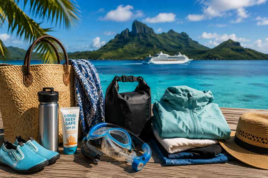 Essentiels pour une croisière en Polynésie : chaussures aquatiques, crème solaire respectueuse des coraux, masque et tuba, sac étanche, coupe-vent imperméable et chapeau de paille, avec un bateau de croisière et les montagnes de Bora Bora en arrière-plan