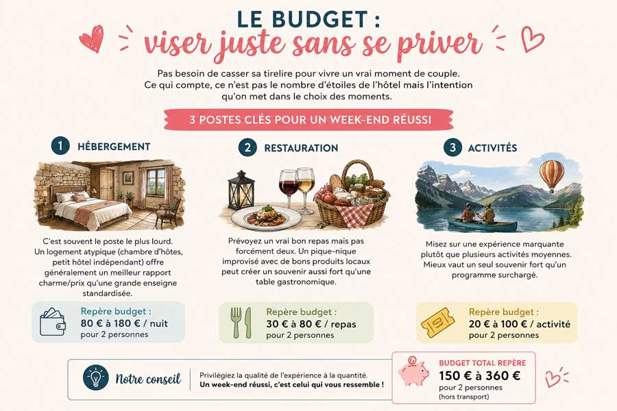 Infographie présentant les 3 postes clés du budget pour un week-end en amoureux : hébergement, restauration et activités, avec repères de prix